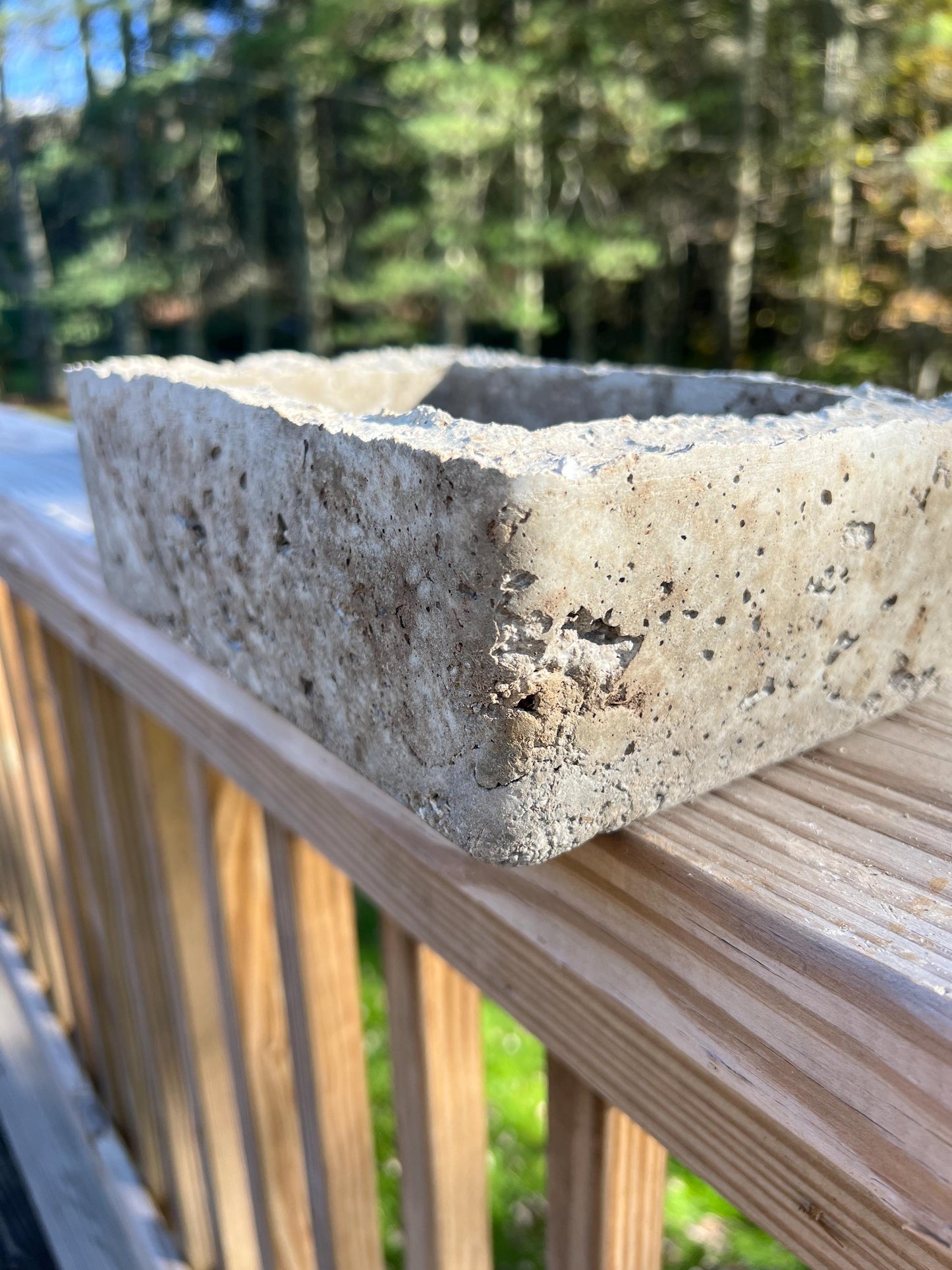 Concrete planter box on a wooden deck with trees in the background
