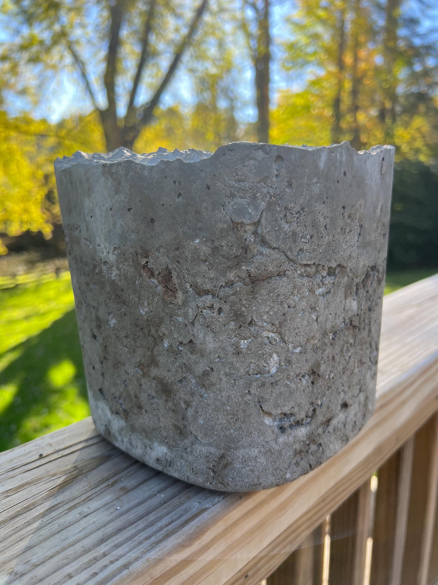 Concrete pot on a wooden surface with trees in the background
