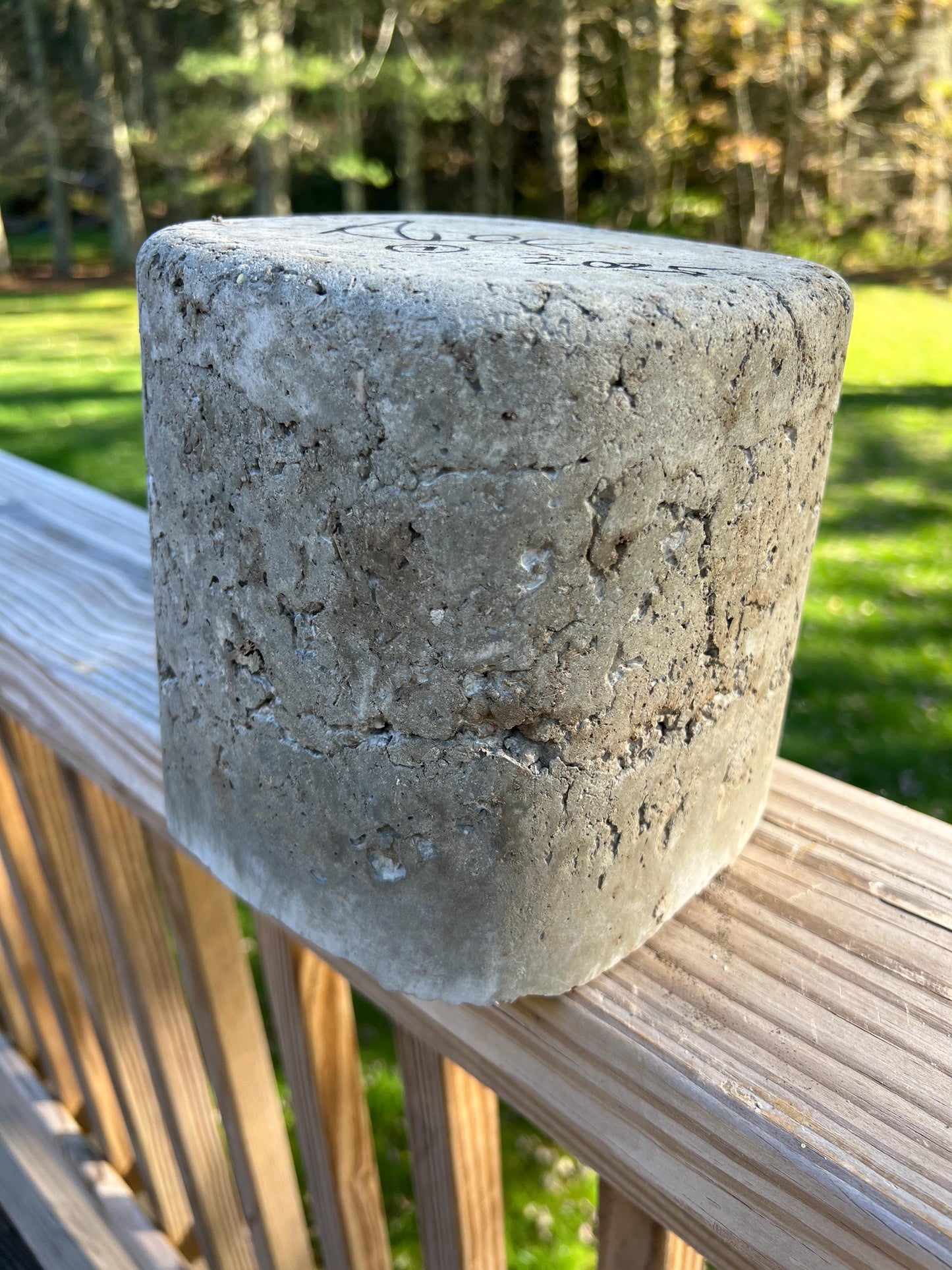 Concrete block on a wooden deck with grass and trees in the background